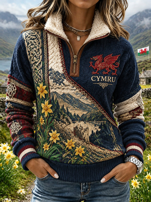 Women's Vintage British Wales Printed Fur-collar Sweatshirt
