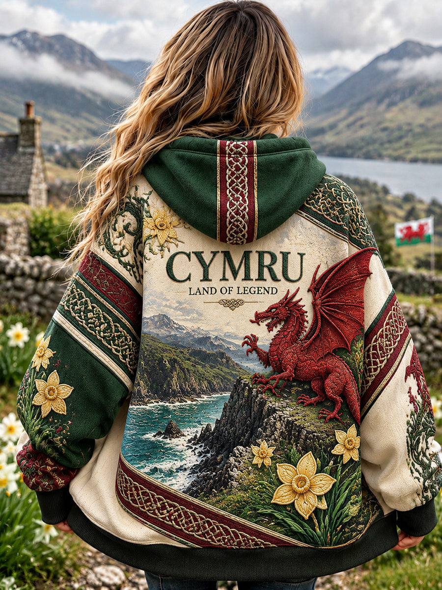 Women's Vintage British Wales Printed Zip-Up Hoodie