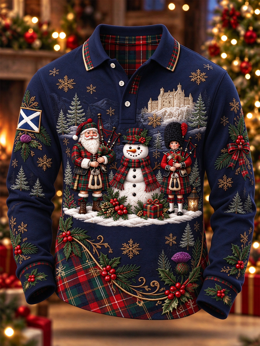 Men's Scottish Christmas Printed long sleeve polo