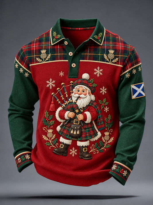 Men's Scottish Christmas Printed long sleeve polo