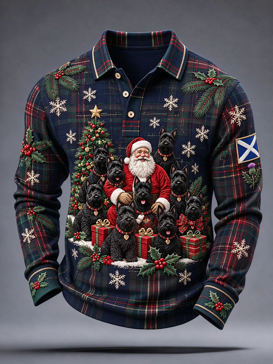 Men's Scottish Christmas Printed long sleeve polo