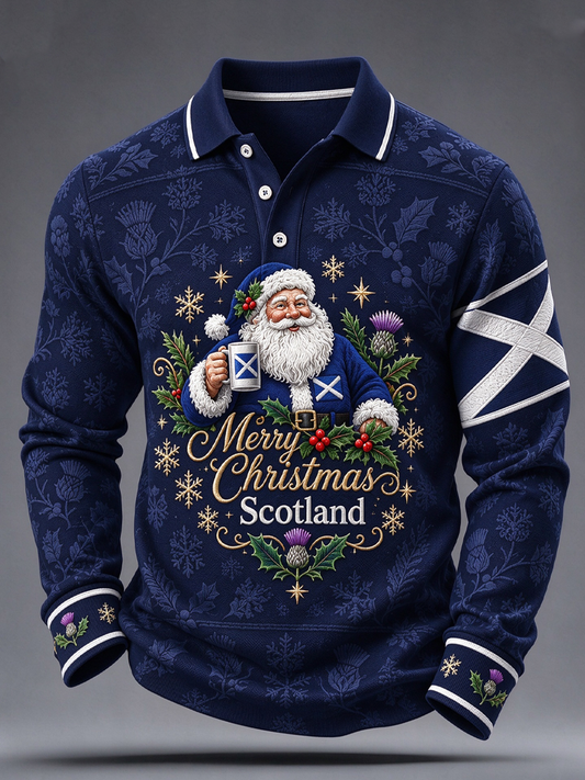 Men's Scottish Christmas Printed long sleeve polo