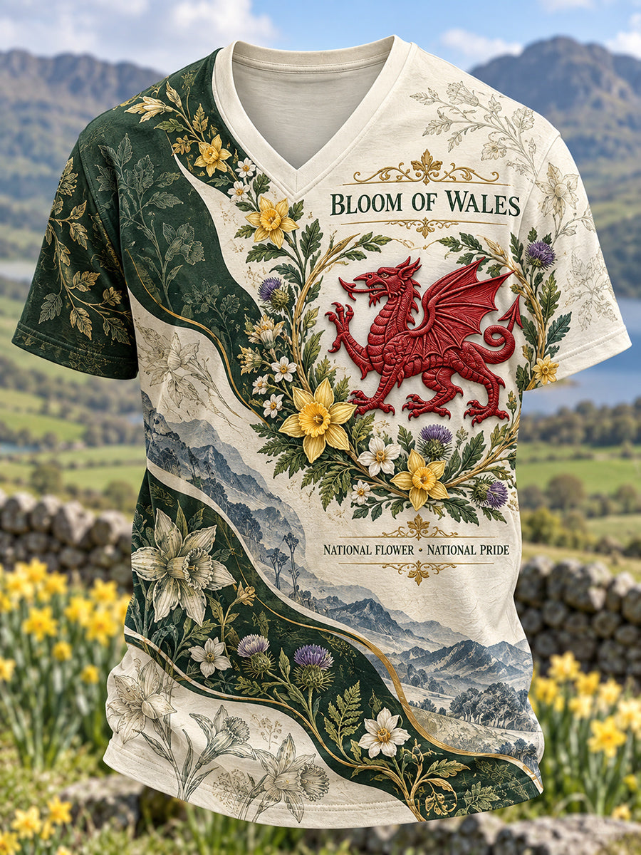 Men's British Wales Printed V-neck T-shirt