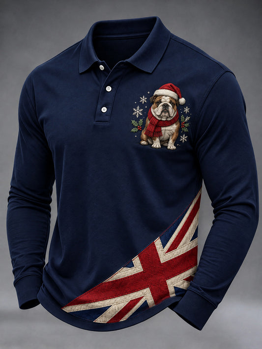 Men's British Christmas Bulldog Print Long Sleeve Shirt