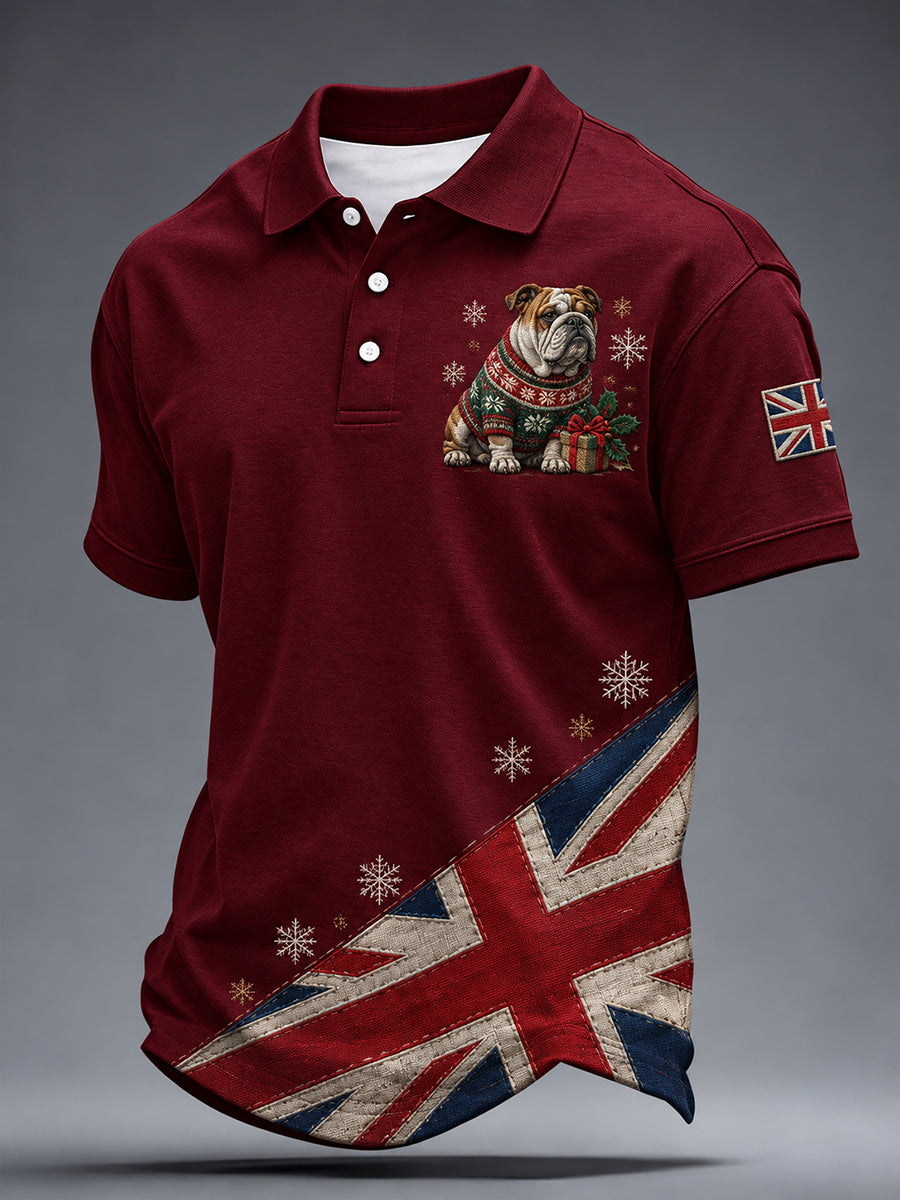 Men's British Christmas Bulldog Print Short Sleeve Shirt