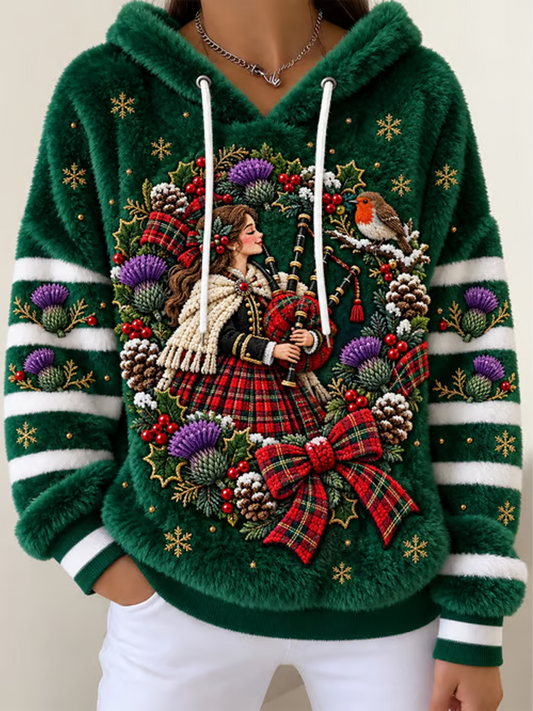 Women's Scottish Christmas Printed Flannel Hoodie