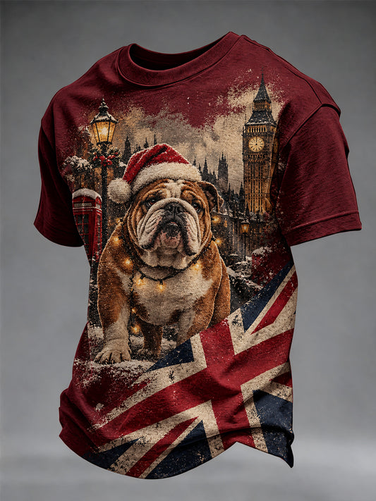 Men's British Christmas Bulldog Print T-shirt