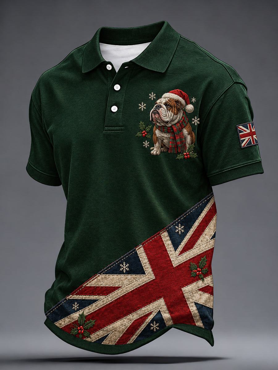Men's British Christmas Bulldog Print Short Sleeve Shirt
