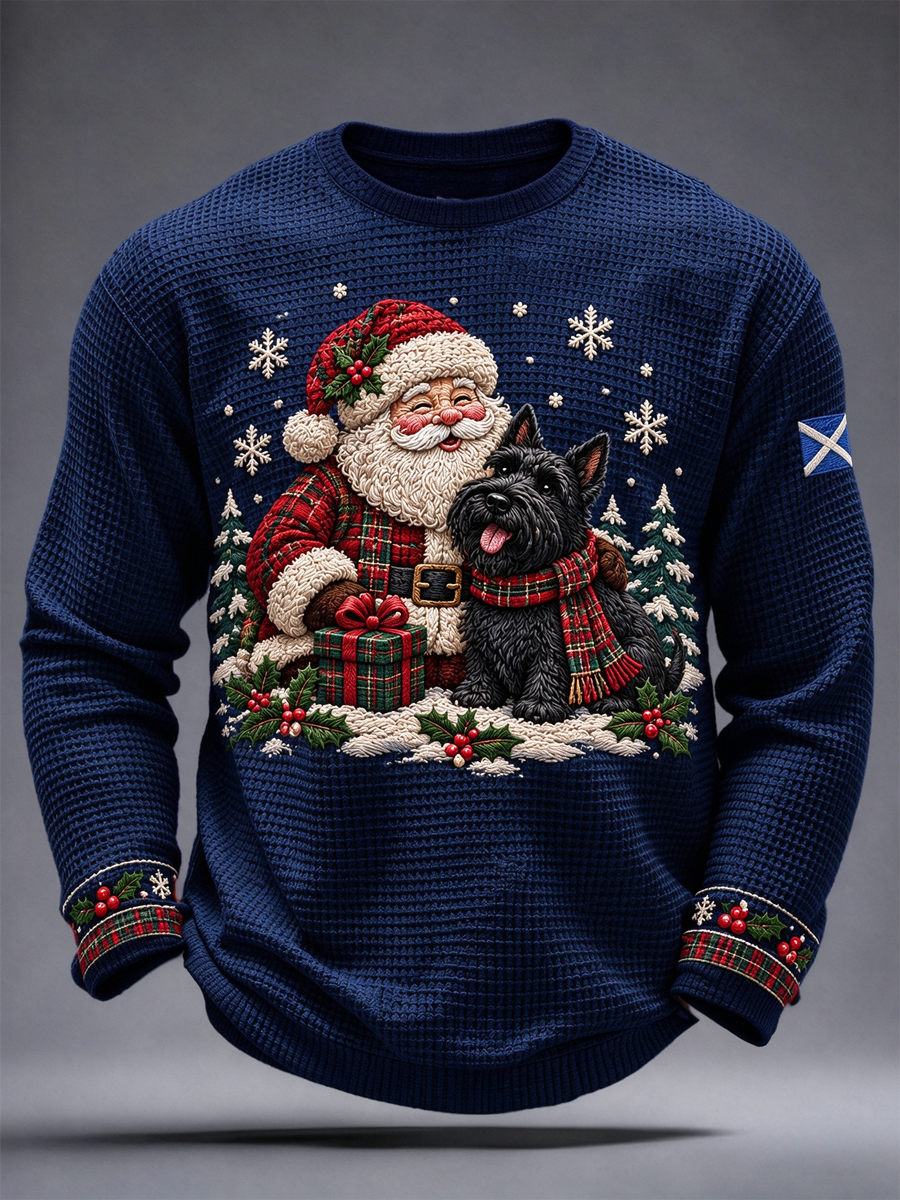 Men's Scottish Christmas Printed Waffle Long Sleeve T-Shirt