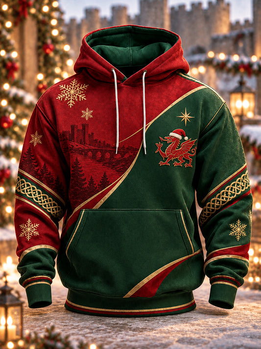 Men's Christmas Welsh Dragon Oversized Drop-Shoulder Hoodie with Pockets
