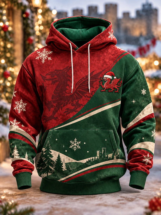 Men's Christmas Welsh Dragon Oversized Drop-Shoulder Hoodie with Pockets