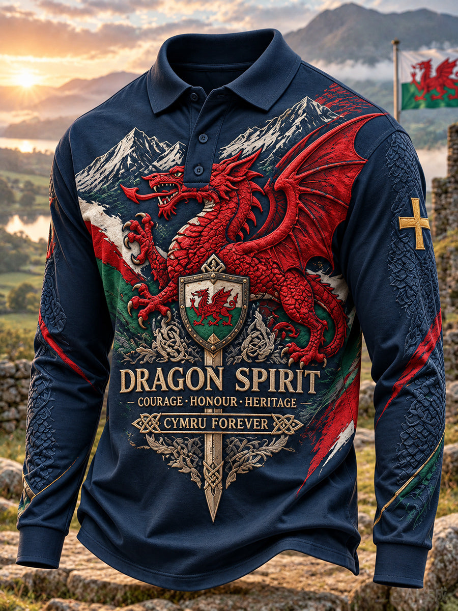 Men's British Wales Printed Long-sleeved Polo Shirt