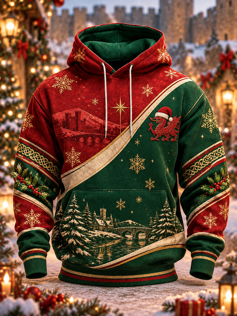 Men's Christmas Welsh Dragon Oversized Drop-Shoulder Hoodie with Pockets