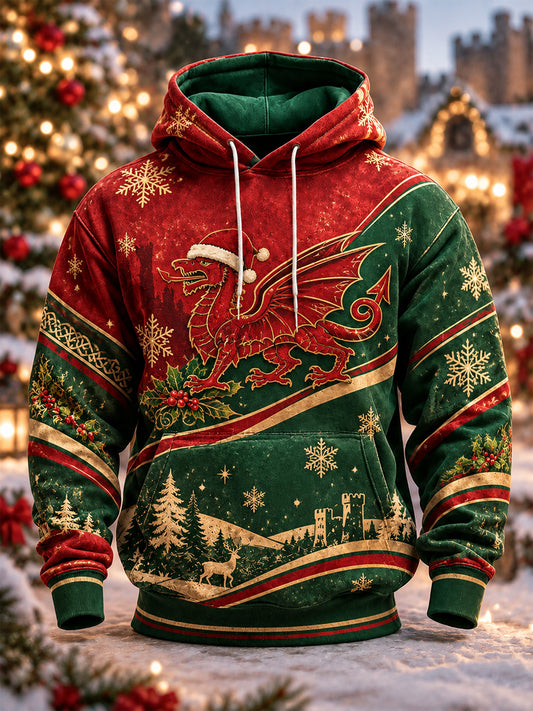 Men's Christmas Welsh Dragon Oversized Drop-Shoulder Hoodie with Pockets