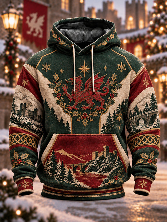 Men's Christmas Welsh Dragon Printed Oversized Drop-Shoulder Hoodie with Pockets