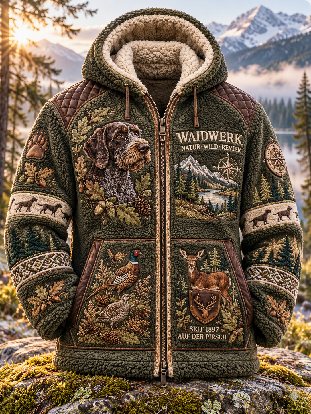 Men's Hunting Season Stag and Hound Print Pocket Zip Up Flannel Jacket