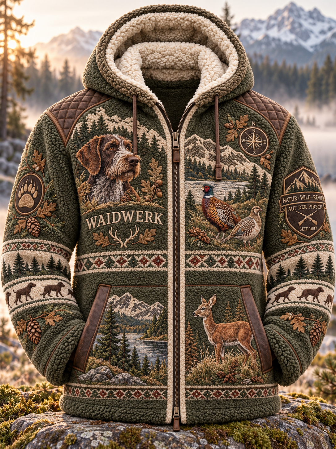 Men's Hunting Season Stag and Hound Print Pocket Zip Up Flannel Jacket