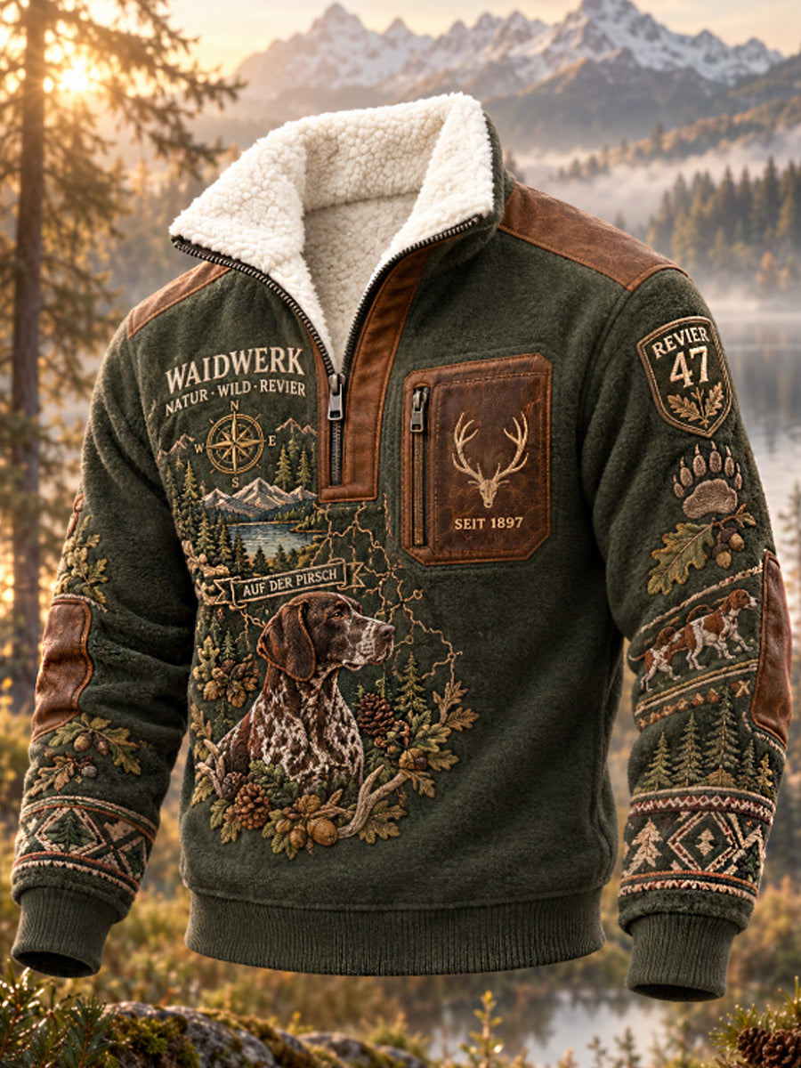 Men's Hunting Season Waidmannsheil Forest Game Reserve Stag and Hound Print Polo Sweatshirt