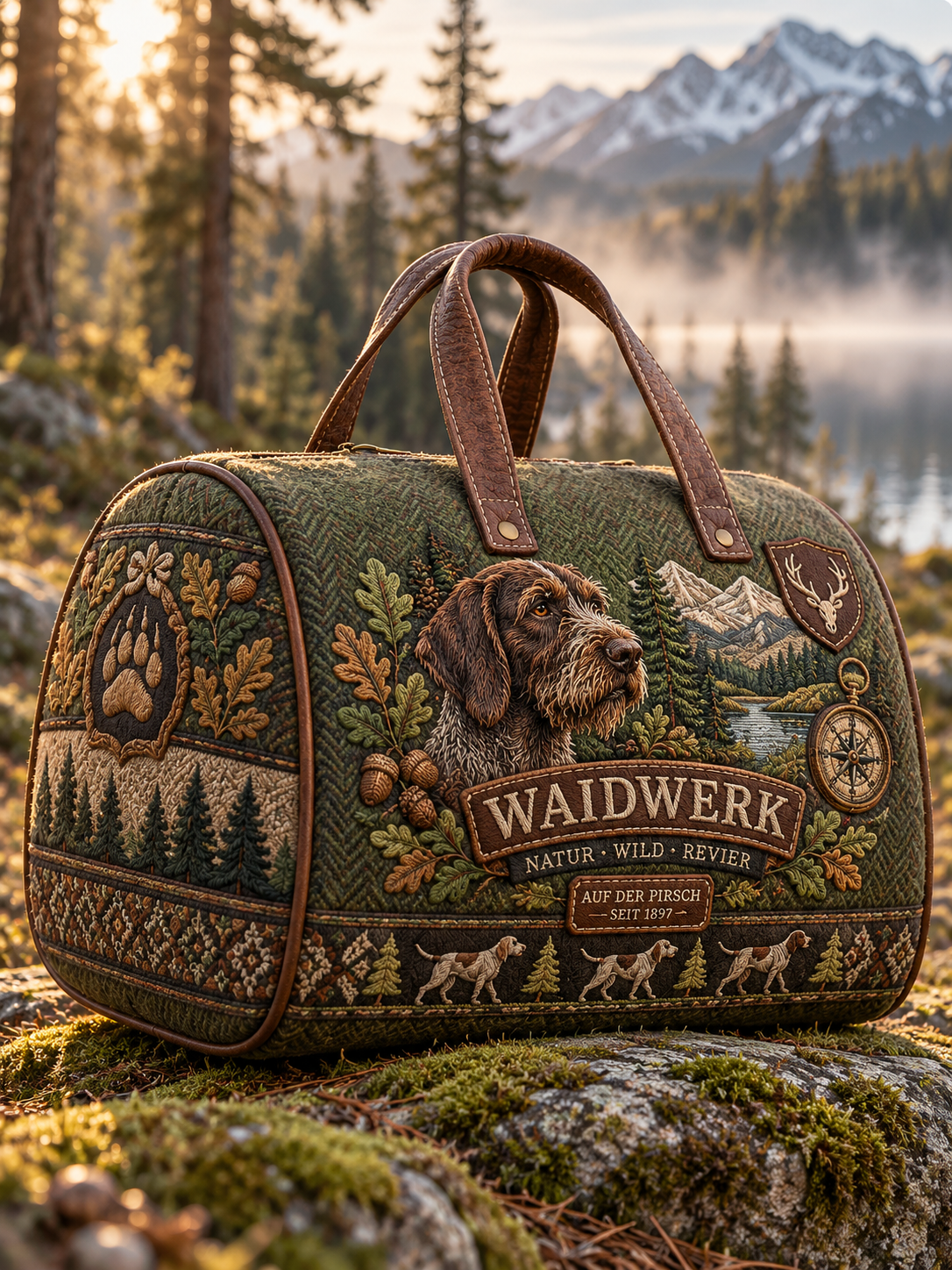 Hunting Season Stag and Hound Print Olive Green Field Bag