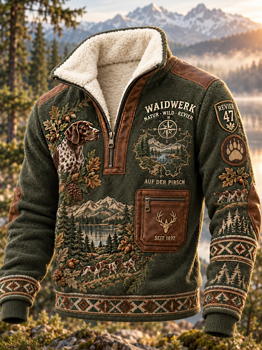 Men's Hunting Season Waidmannsheil Forest Game Reserve Stag and Hound Print Polo Sweatshirt