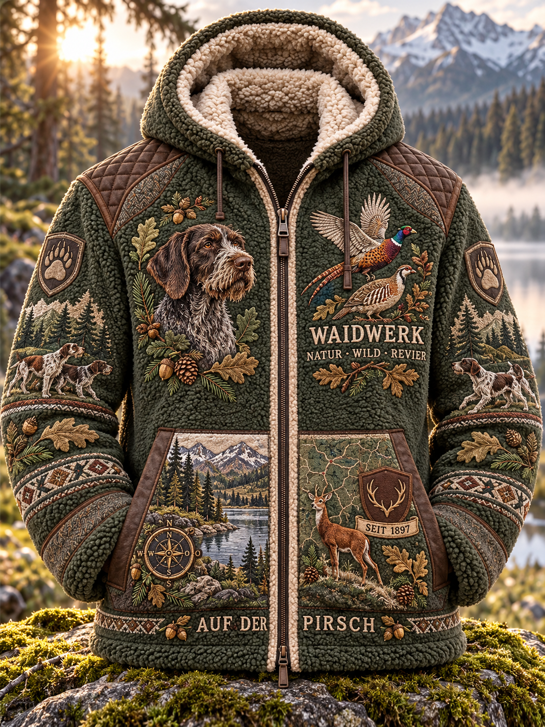 Men's Hunting Season Stag and Hound Print Pocket Zip Up Flannel Jacket