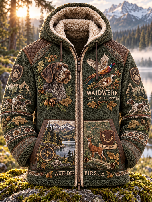 Men's Hunting Season Stag and Hound Print Pocket Zip Up Flannel Jacket