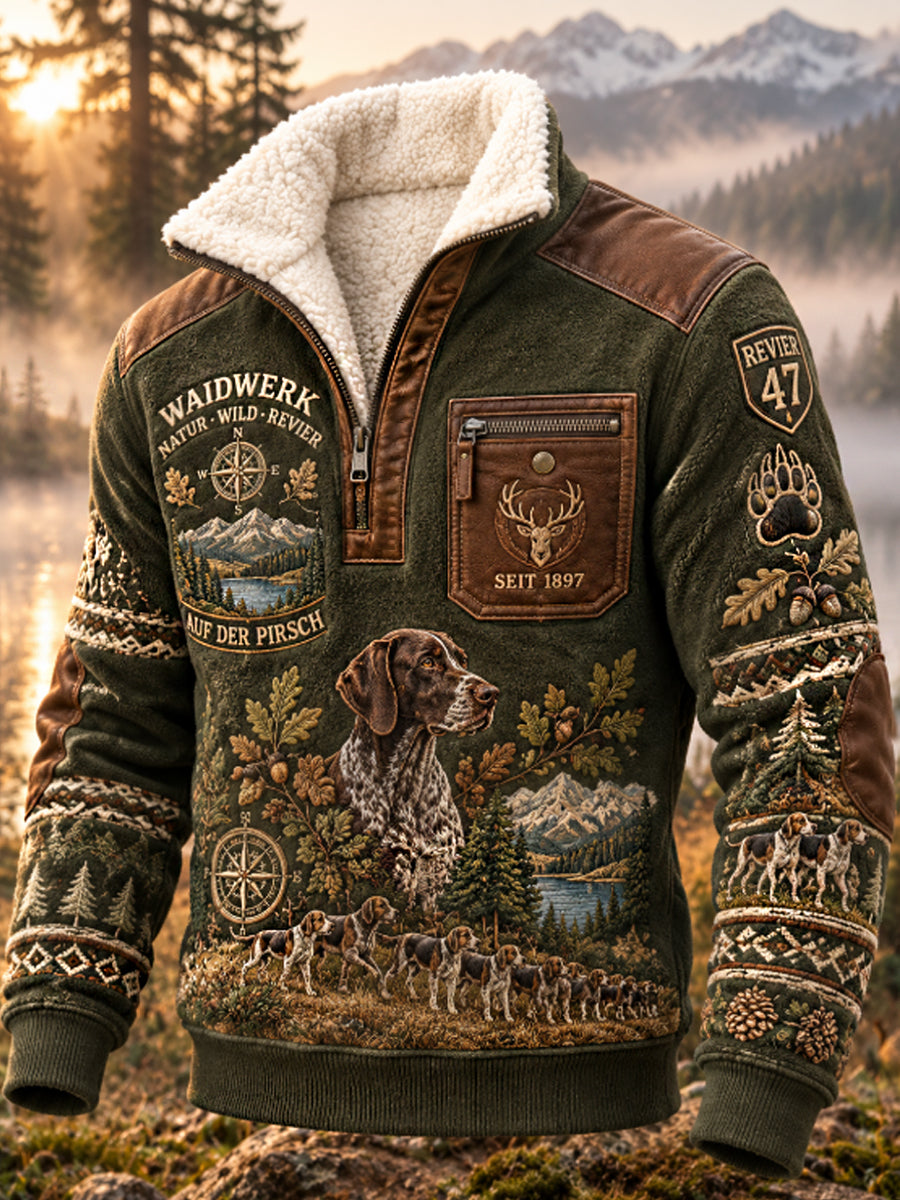 Men's Hunting Season Waidmannsheil Forest Game Reserve Stag and Hound Print Polo Sweatshirt