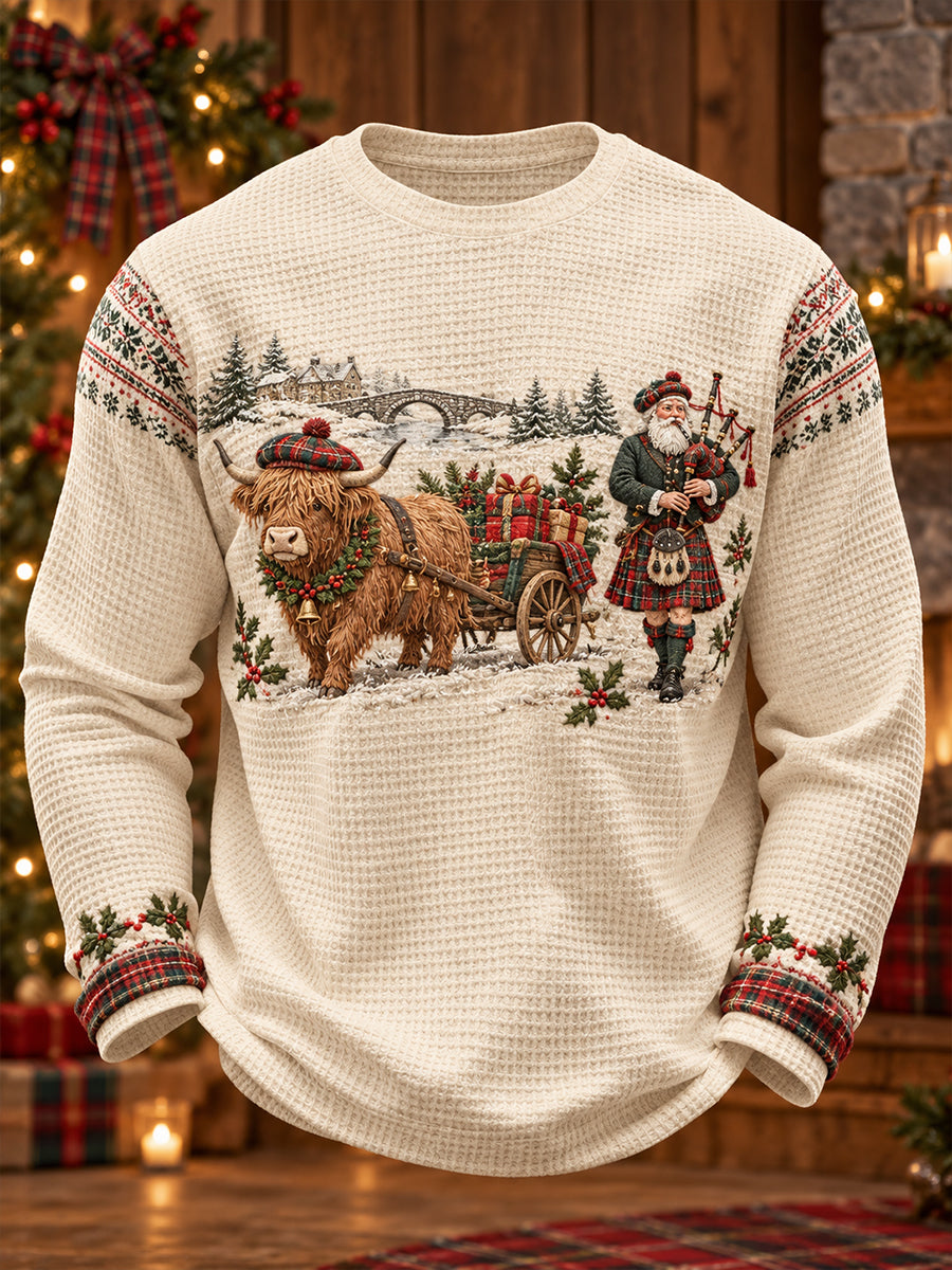 Men's Scotland Christmas Art Printed Waffle Tops