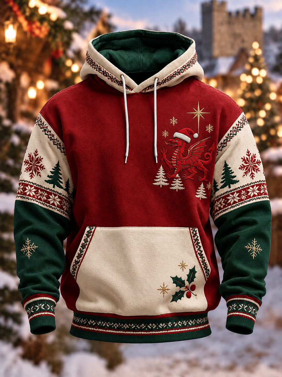 Men's Welsh Christmas Printed Oversized Drop-Shoulder Hoodie with Pockets