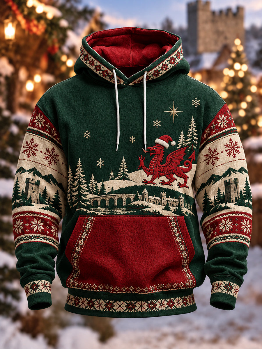 Men's Welsh Christmas Printed Oversized Drop-Shoulder Hoodie with Pockets