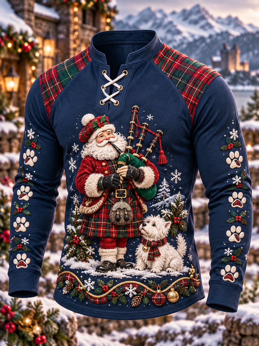 Men's Retro Scottish Christmas Printed Velvet Raglan Top