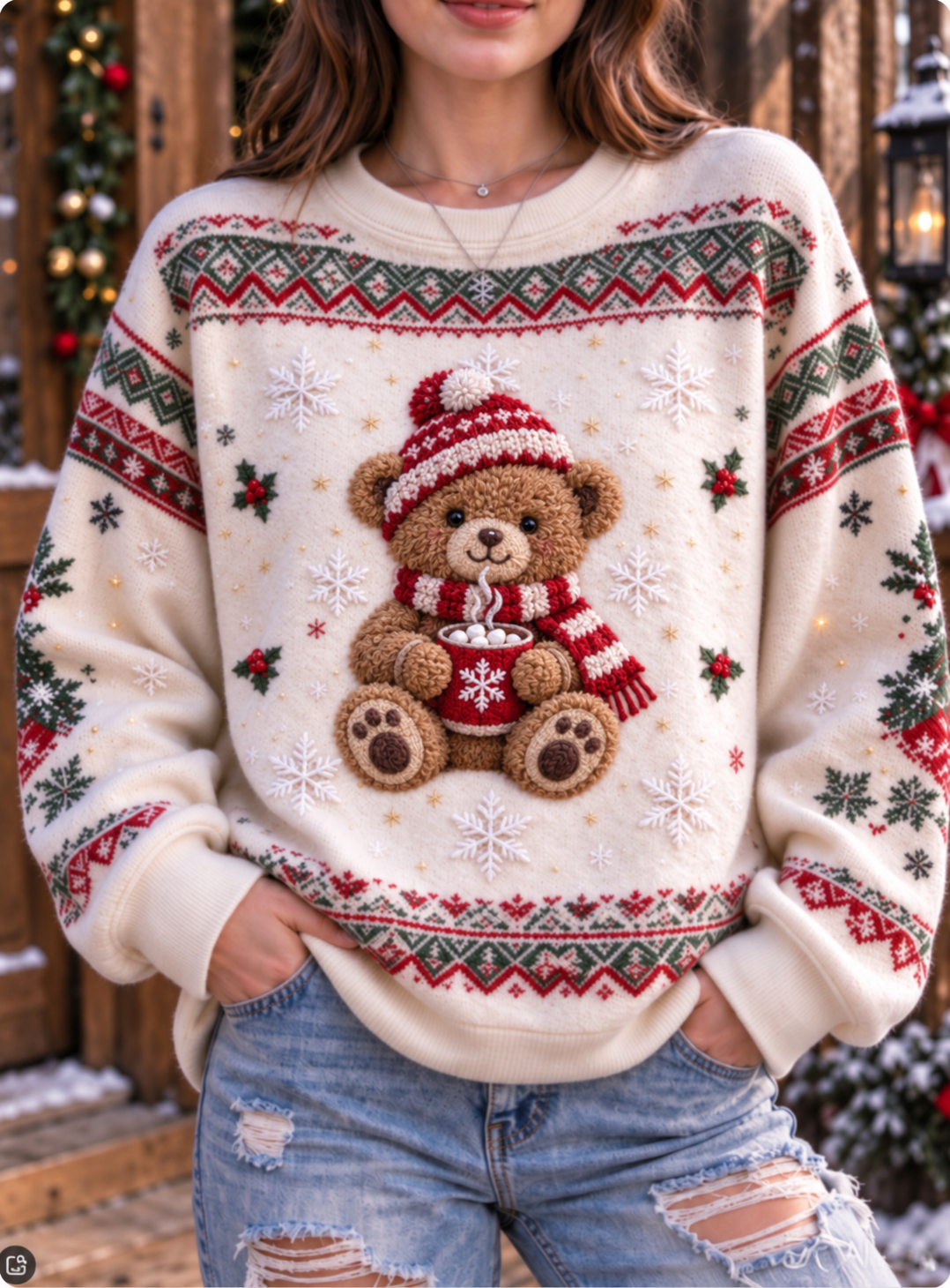 Women's Teddy Bear Plaid Snowflake Christmas Art Print Casual Sweatshirt