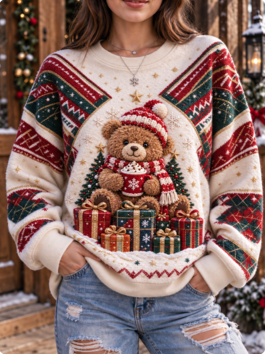 Women's Teddy Bear Plaid Snowflake Christmas Art Print Casual Sweatshirt