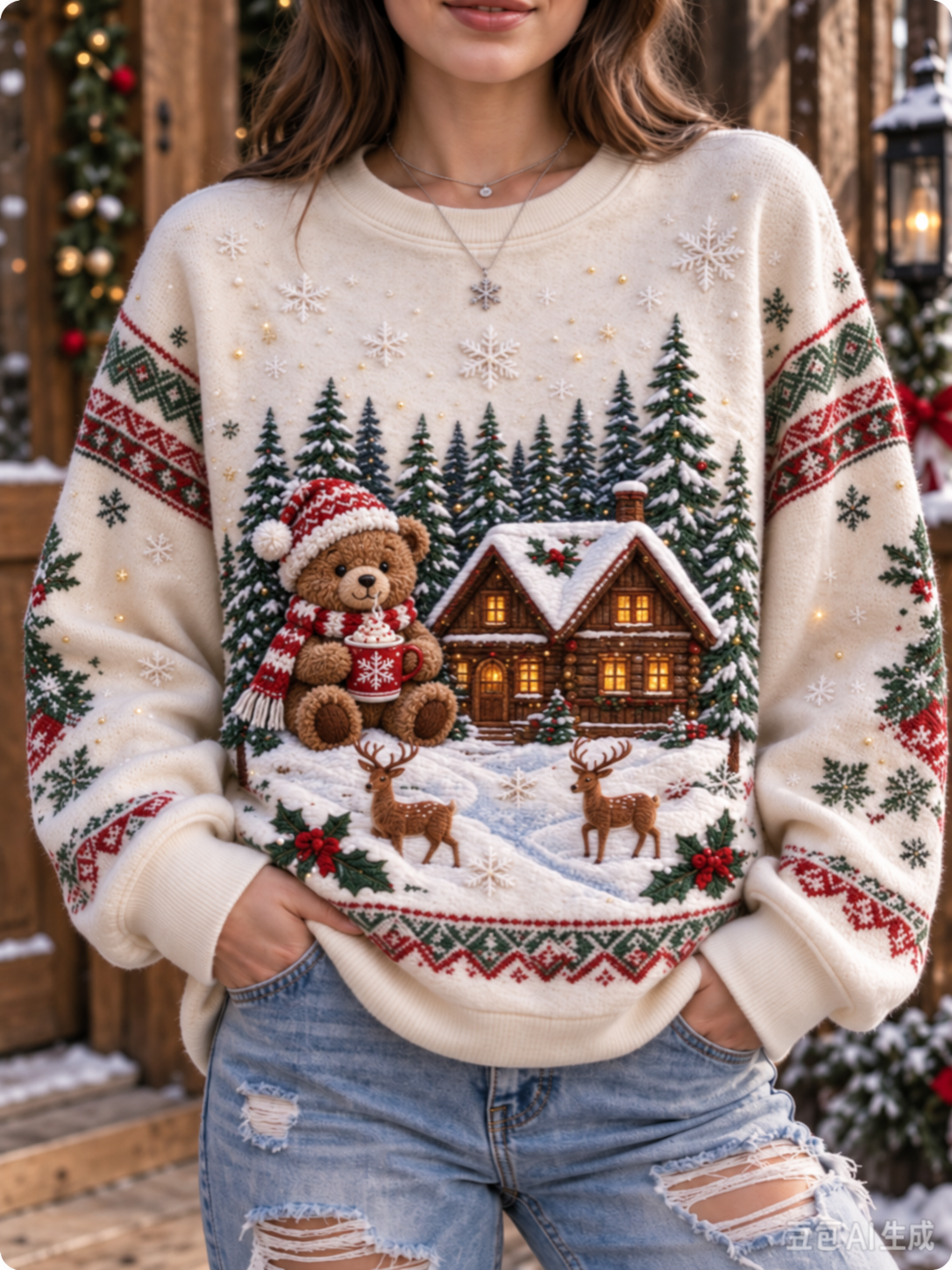 Women's Teddy Bear Plaid Snowflake Christmas Art Print Casual Sweatshirt