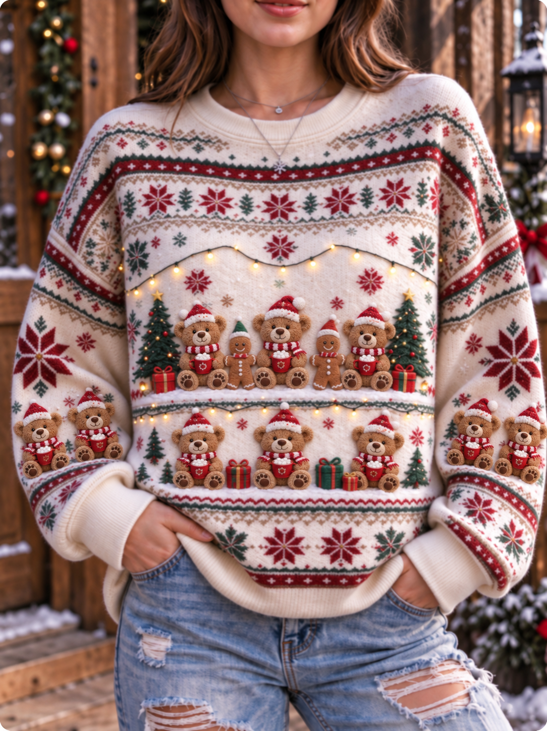 Women's Teddy Bear Plaid Snowflake Christmas Art Print Casual Sweatshirt