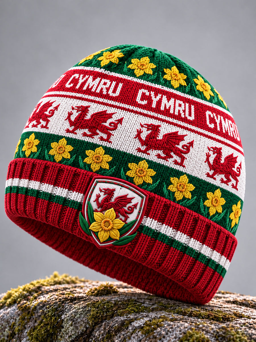 Retro British Wales Printed Fleece Hooded Cap