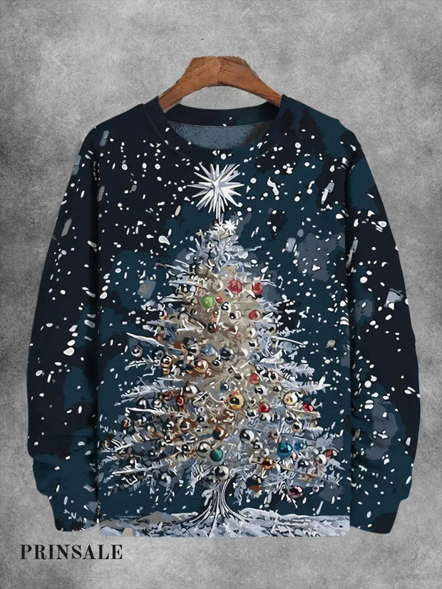 Unisex Christmas Tree Print Long Sleeve Sweatshirt Navy Blue / S