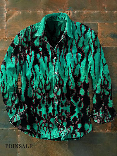 Unisex Men’s Vintage Art Design Abstract Print Casual Long Sleeve Shirt Green / S