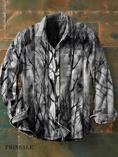 Unisex Men’s Vintage Dark Deep Forest Branches Abstract Print Casual Long Sleeve Shirt Gray / S