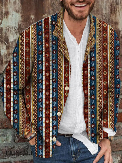 Unisex Men’s Vintage Ethnic Western Print Casual Long Sleeve Shirt Brown / S