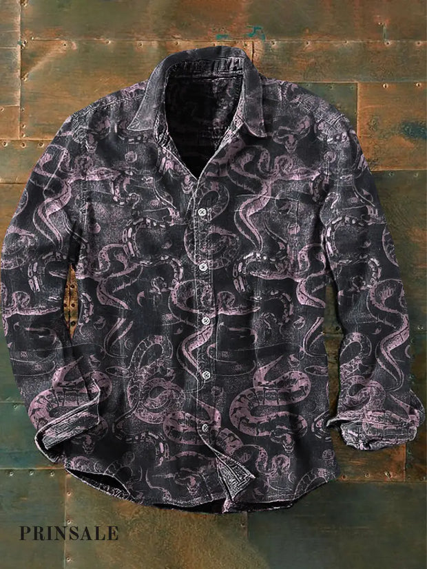 Unisex Men’s Vintage Gothic Snake Print Abstract Casual Long Sleeve Shirt Gray / S