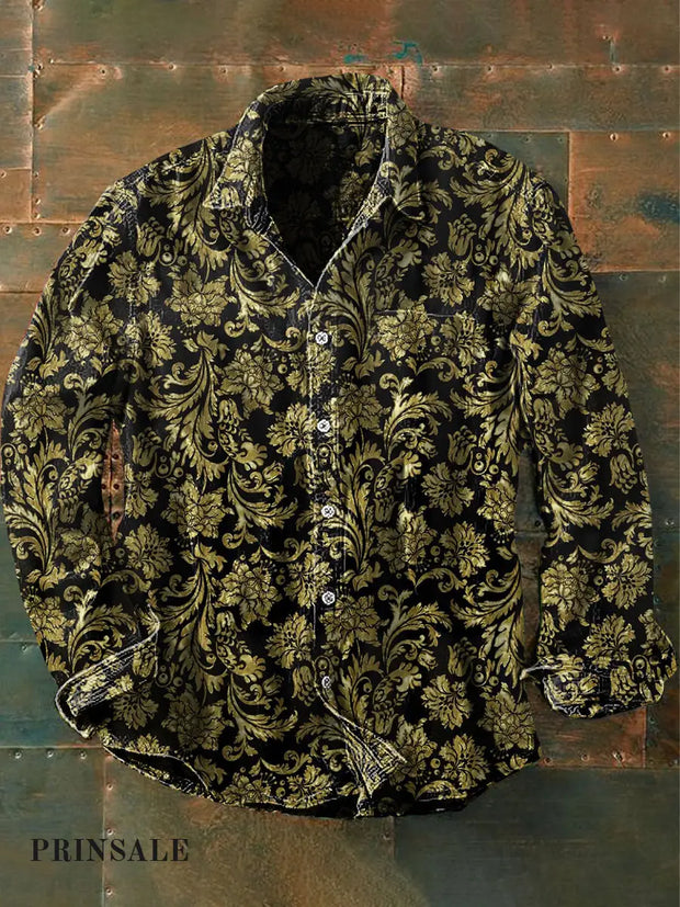 Unisex Men’s Vintage Gothic Style Gold Floral Patterns Abstract Print Casual Long Sleeve Shirt