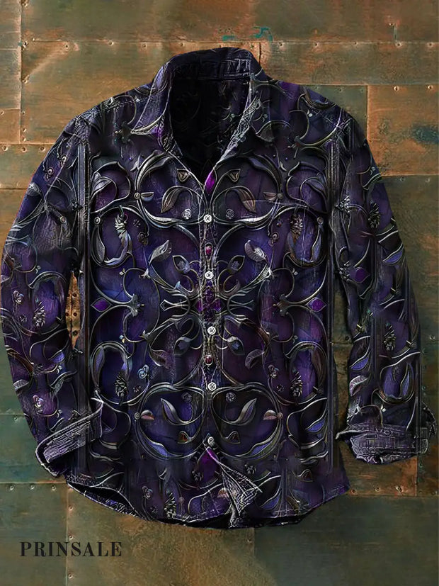 Unisex Men’s Vintage Gothic Style Purple Floral Abstract Print Casual Long Sleeve Shirt / S