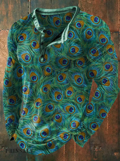 Unisex Men’s Vintage Green Peacock Feather Abstract Printed Casual Long Sleeve Button Up V-Neck