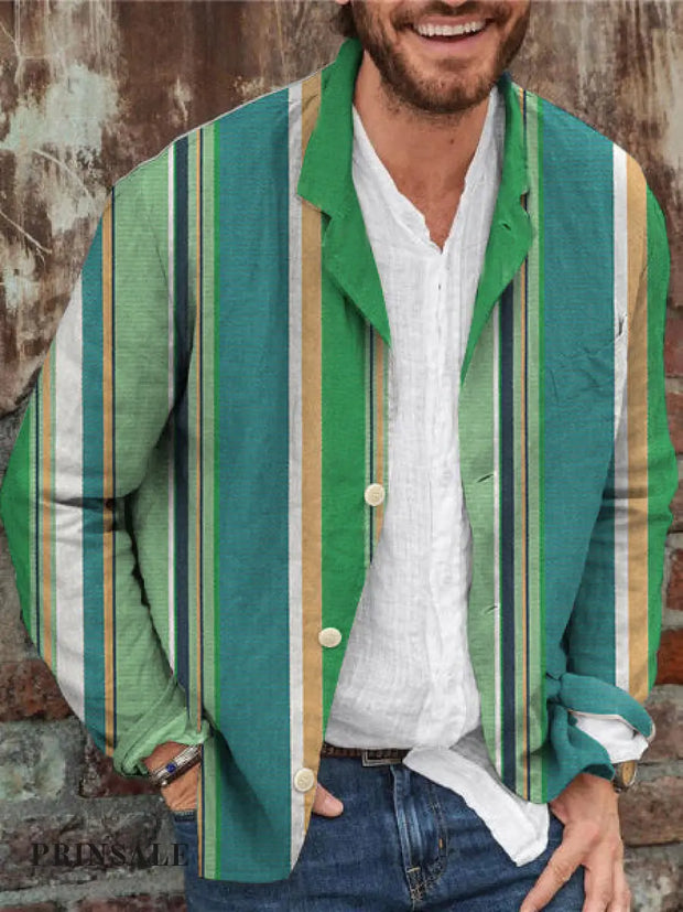 Unisex Men’s Vintage Green Stripe Abstract Print Casual Long Sleeve Shirt / S