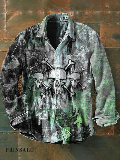 Unisex Men’s Vintage Punk Diablo Style Graffiti Skulls Abstract Print Casual Long Sleeve Shirt As