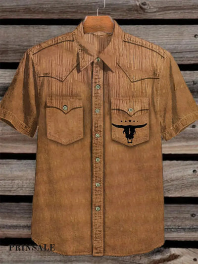 Unisex Men’s Vintage Western Cow Abstract Print Casual Pocket Short Sleeve Shirt Brown / S