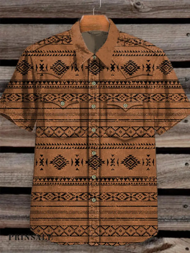 Unisex Men’s Vintage Western Geometric Ethnic Abstract Print Casual Pocket Short Sleeve Shirt