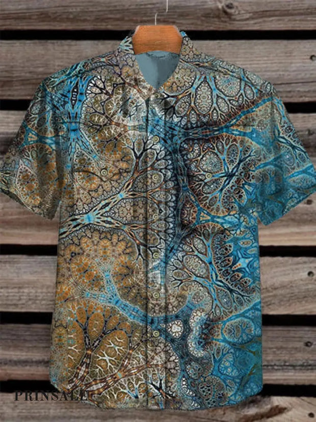 Unisex Men’s Vintage Western Gradient Tree Hippie Abstract Print Casual Pocket Short Sleeve Shirt