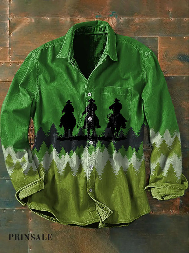 Unisex Men’s Vintage Western National Horseback Riding Abstract Print Casual Long Sleeve Shirt